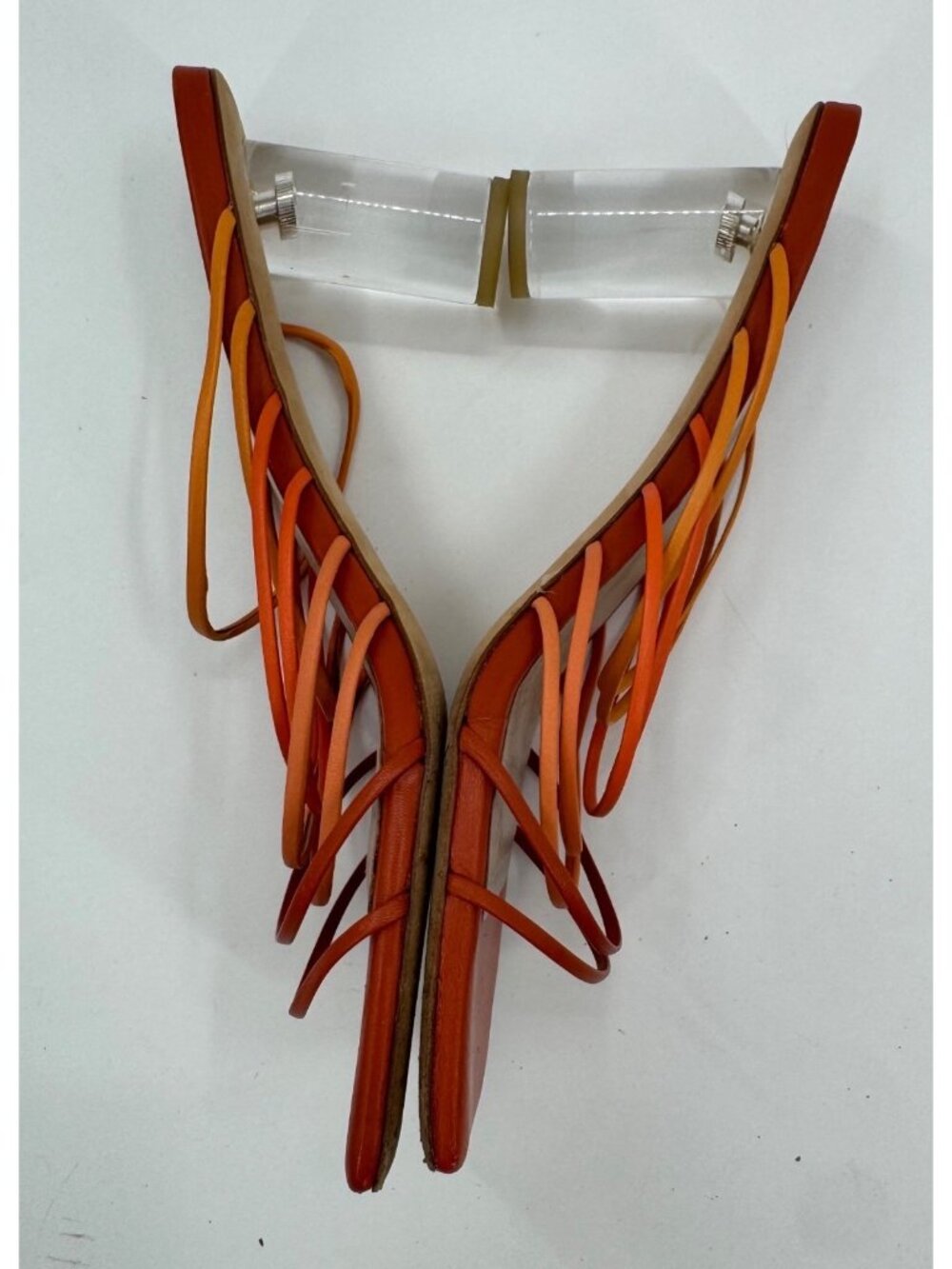 Rejina Pyo Orange Leather Strappy Mule Sandals Clear Lucite Block Heels Size 8 / - Picture 8 of 16